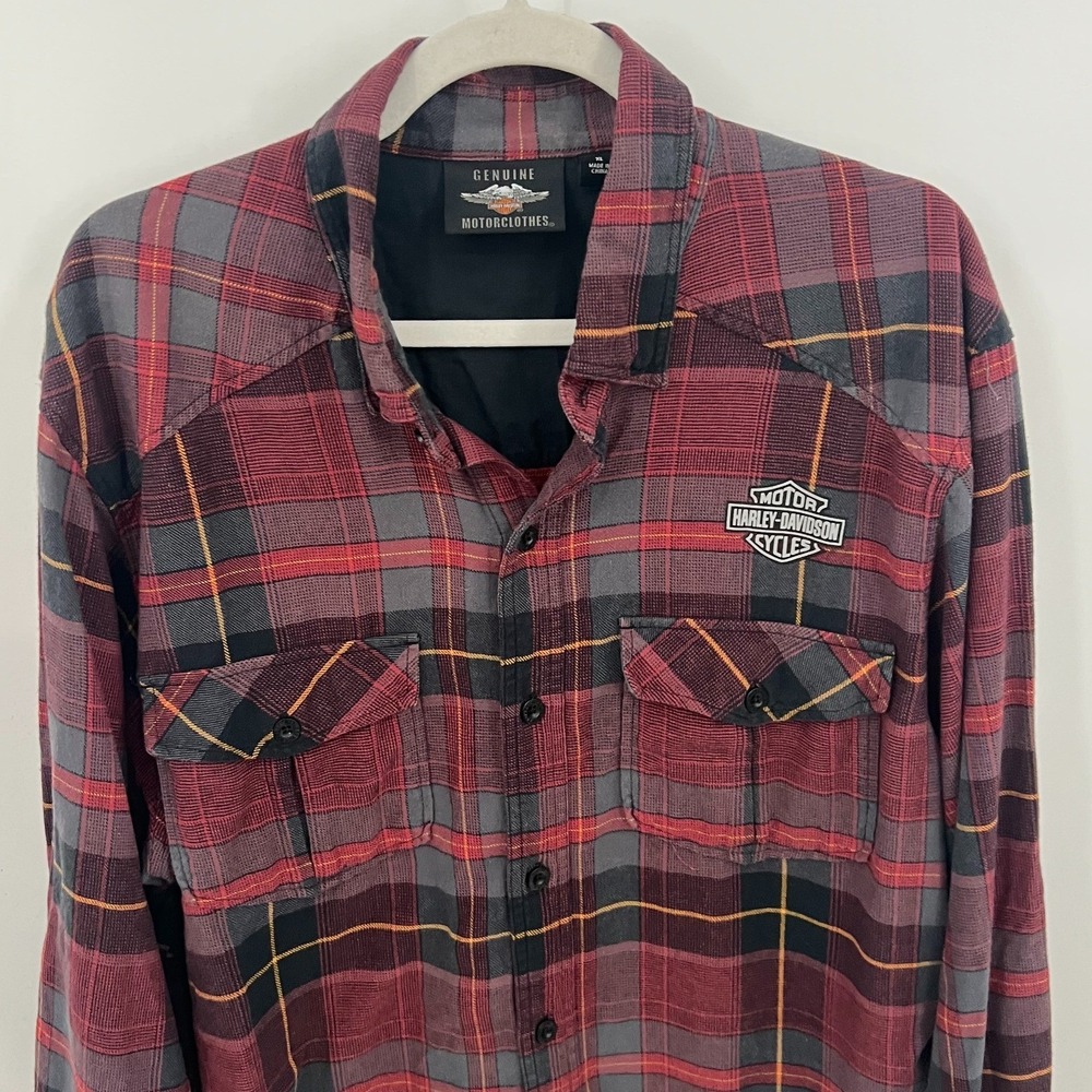 Harley-Davidson Mens XL Red Plaid Flannel Long Sleeve Western Button Up Shirt - Picture 2 of 10